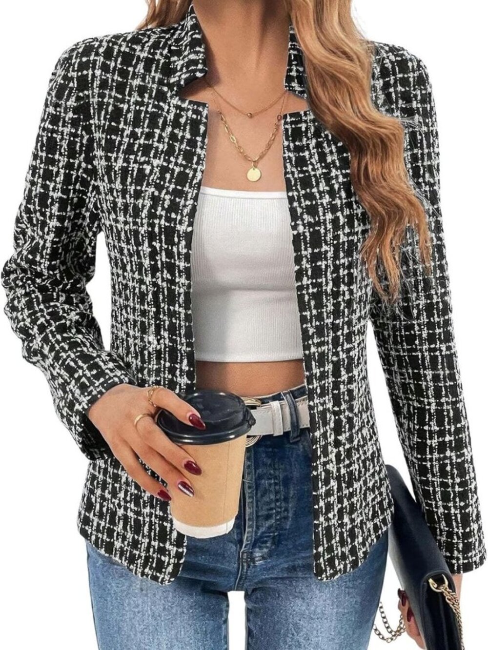 Chic Women's Slim Fit Notched Plaid Blazer | Elegant Open Front Long Sleeve